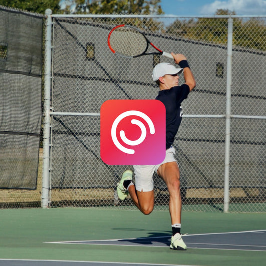 Tennis player captured mid-air with Pivo Track App logo overlay showcasing AI auto tracking for hands-free photos and videos.