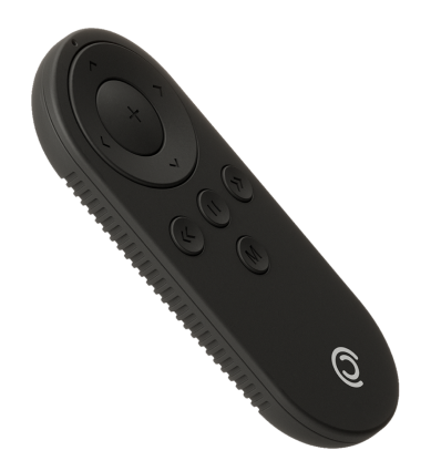 Lightweight black remote control for Pivo Pods and Max with multi-function buttons and compact design.