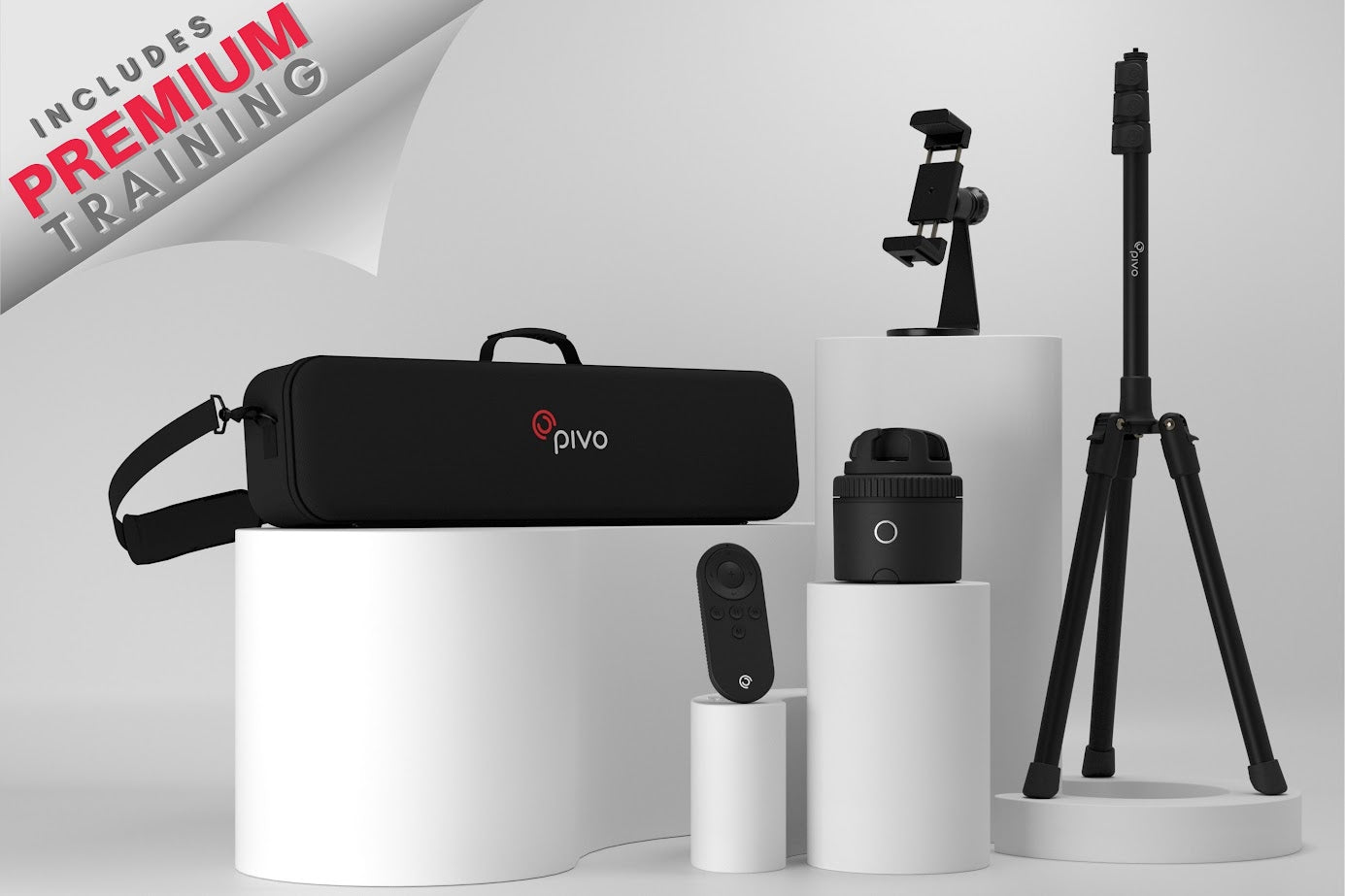 Pivo Pro smartphone camera accessory kit with tripod, remote control, mount, and carrying case for hands-free auto tracking and virtual tours